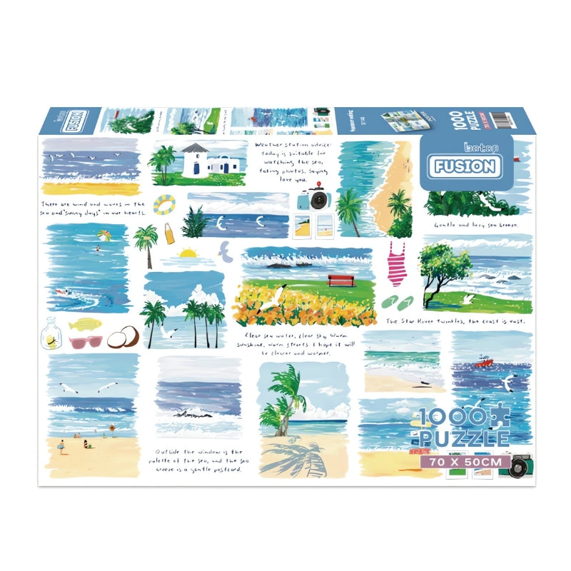 Summer Outing 1000 piece puzzle box with illustrated beach scenes, palm trees, and handwritten notes.