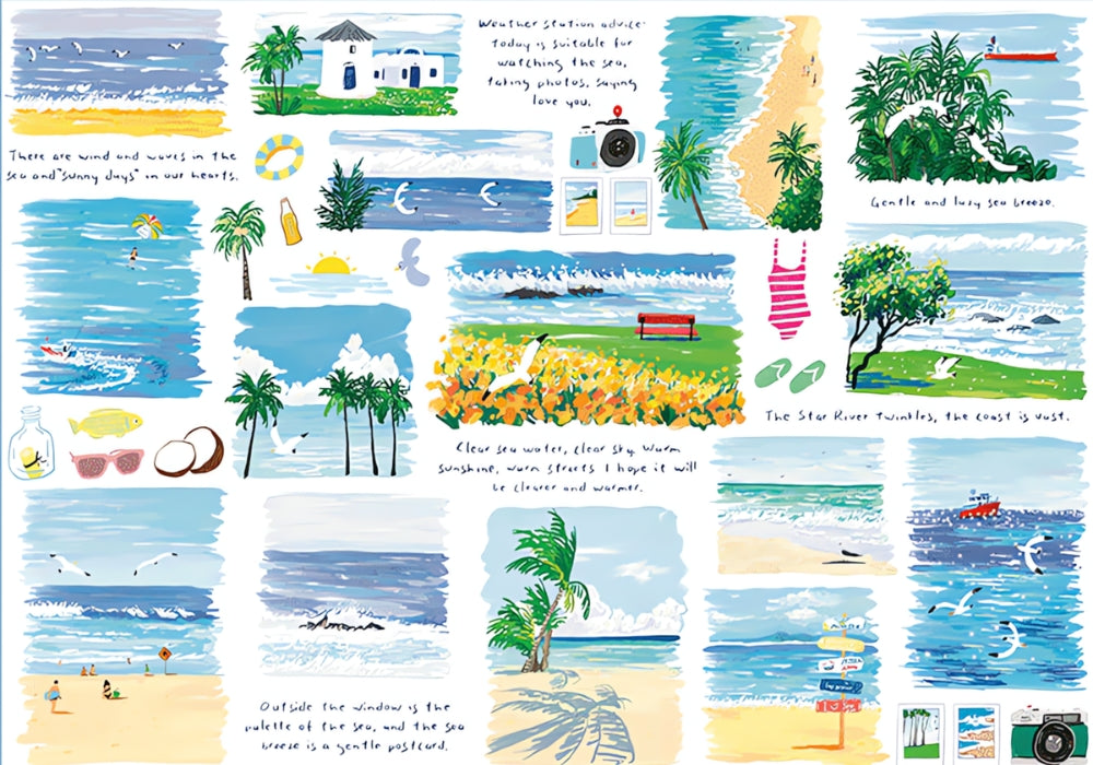 Completed Summer Outing puzzle with colourful sketches of seaside views, text, and tropical icons.