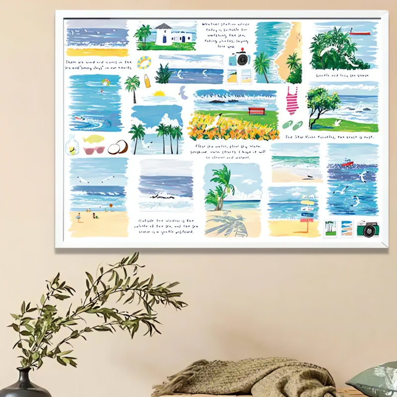 Framed Summer Outing puzzle hanging above a console table with greenery and textured decor.