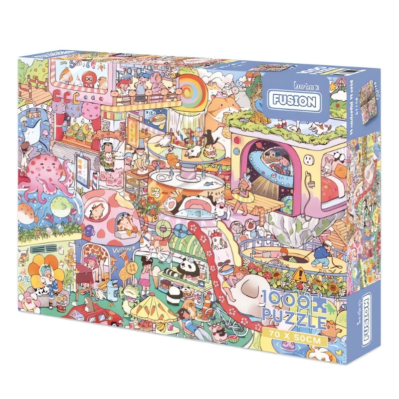 Wonderful World 1000 piece puzzle box with colourful cartoon scenes featuring animals and amusement park fun.