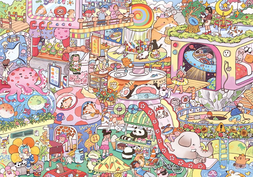 Completed Wonderful World puzzle showing whimsical characters and vibrant activity across playful zones.