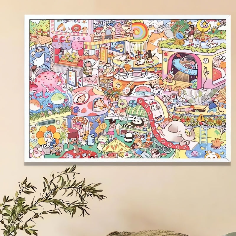 Framed Wonderful World puzzle displayed on a neutral wall above greenery and a rattan bench.