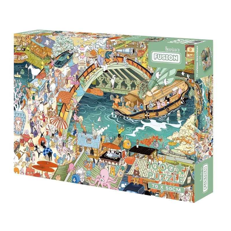 Working Drawings 1000 piece puzzle box featuring a busy, whimsical riverside town with detailed characters.