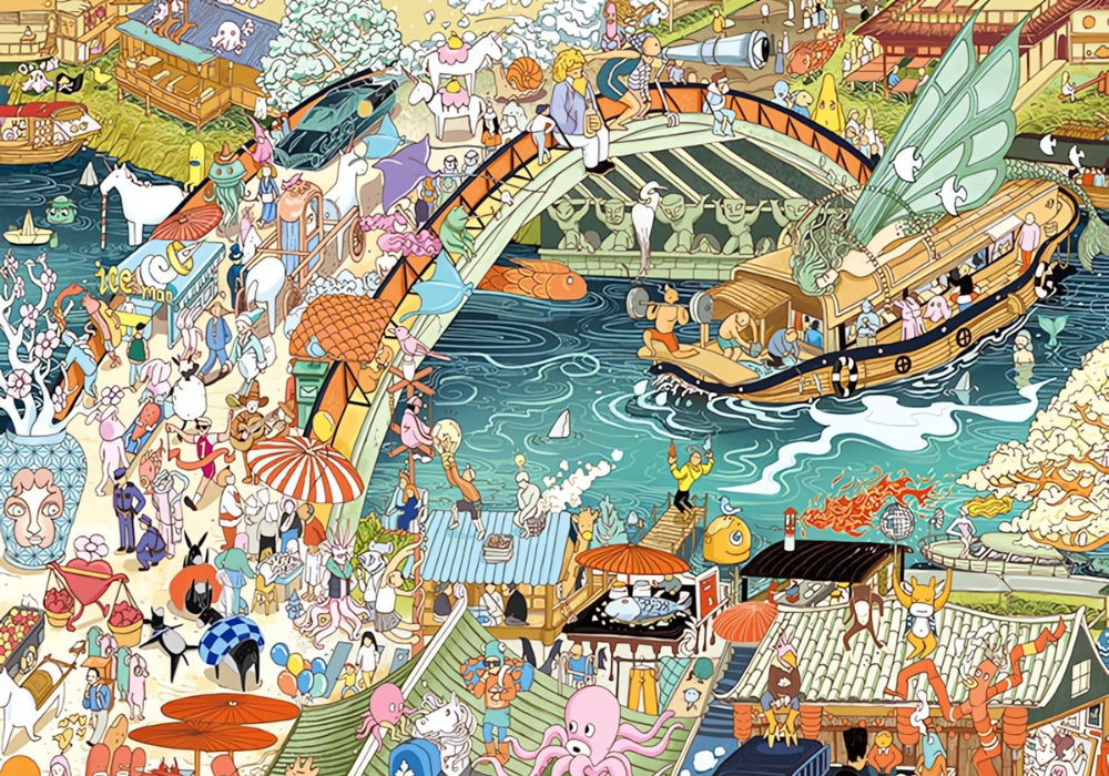 Full Working Drawings puzzle showing a colourful bridge, boat, market stalls and quirky illustrated crowd.