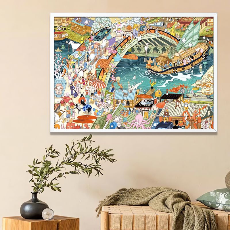 Framed Working Drawings puzzle artwork displayed in a cosy room with neutral tones and greenery.