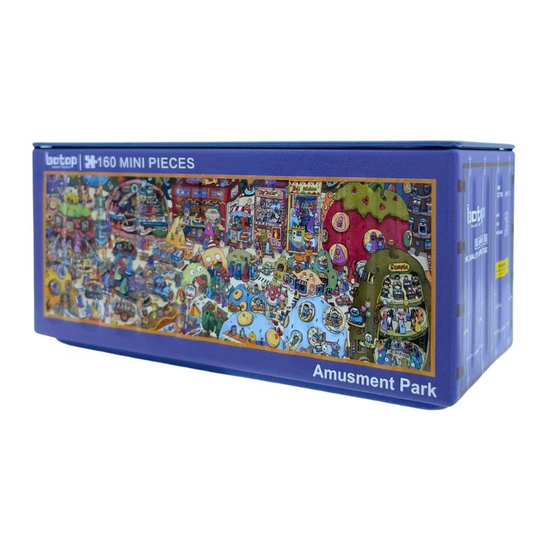 Mini puzzle container showing fun and colourful amusement park with rides and games