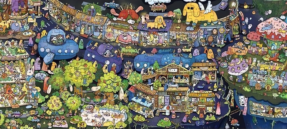 Whimsical night-time festival filled with characters, lanterns, and surreal market stalls