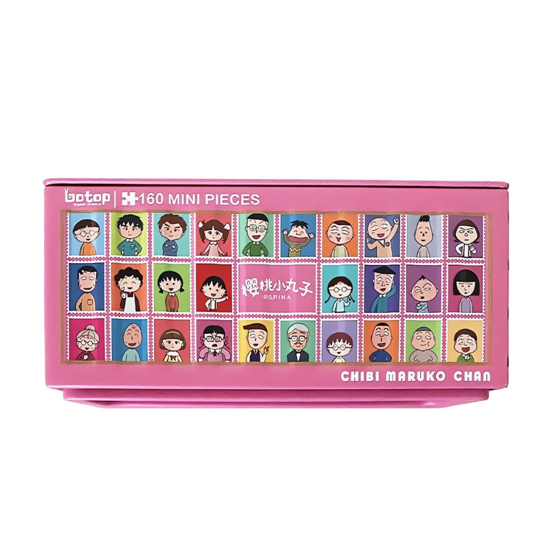 Botop mini puzzle in pink box featuring grid of Chibi Maruko-chan character faces.