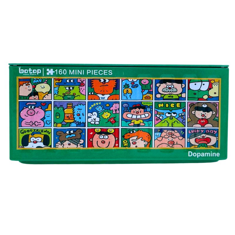 Mini puzzle tin showing a grid of colourful cartoon faces and fun messages