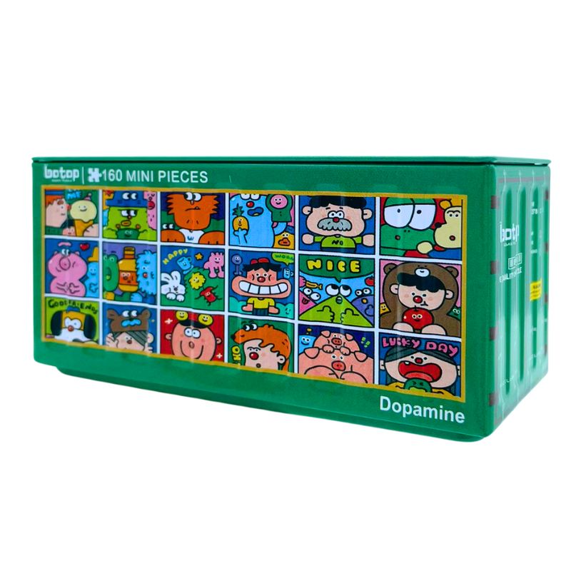Mini puzzle tin showing a grid of colourful cartoon faces and fun messages