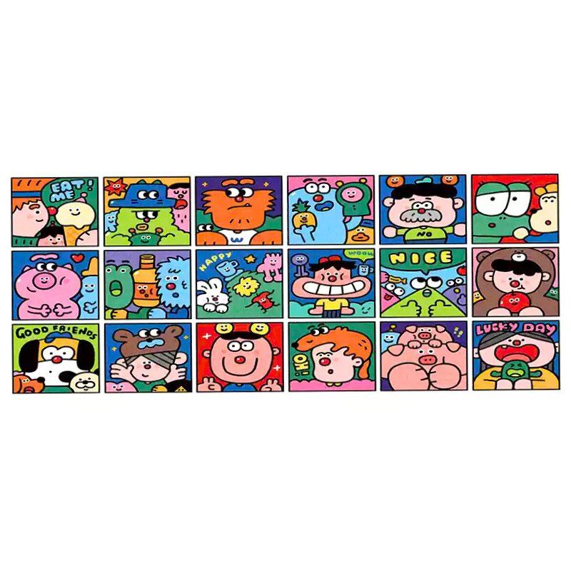 Bright and bold pop-art style grid featuring cheerful cartoon characters