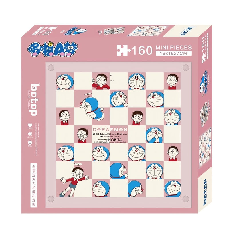 Doraemon checkerboard mini puzzle box featuring 160 pieces, showing a playful pink-and-white grid design with character faces