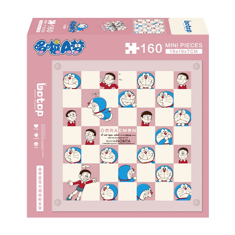 Doraemon checkerboard mini puzzle box featuring 160 pieces, showing a playful pink-and-white grid design with character faces