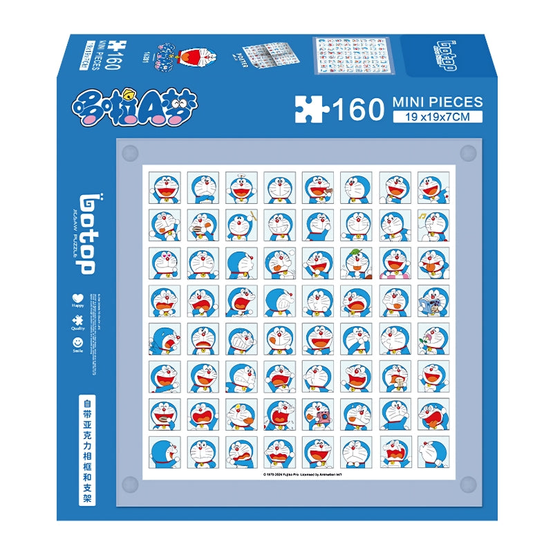 Front view of Botop Doraemon Profile mini puzzle box featuring a grid of Doraemon expressions and 160 pieces.