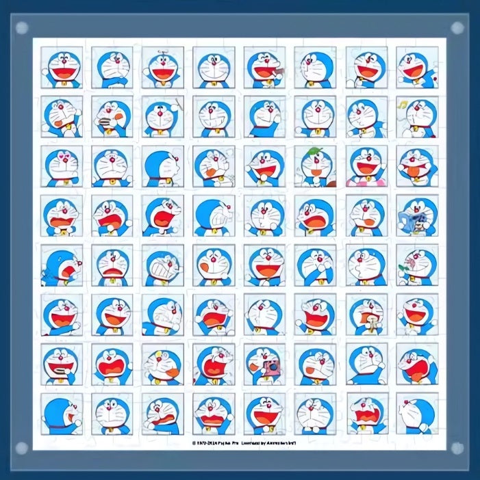 Digital render of the complete Doraemon Profile puzzle with a blue border frame, showcasing various expressions.