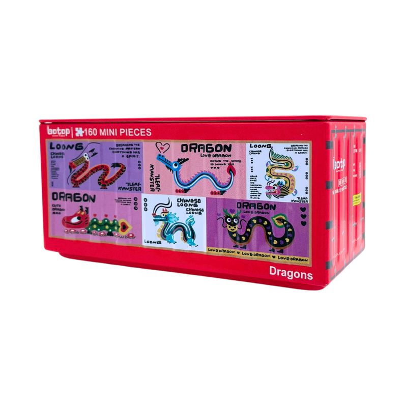 Grid of fun dragon designs with bright colours and whimsical styles