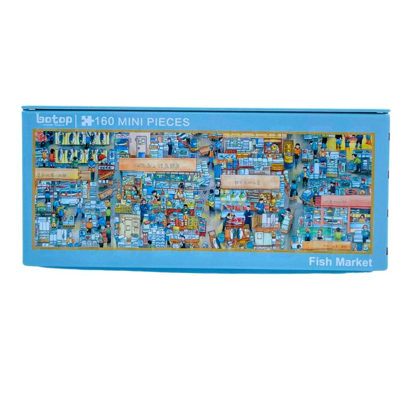 Botop 160 mini piece puzzle in a blue metal container featuring a colourful fish market scene.