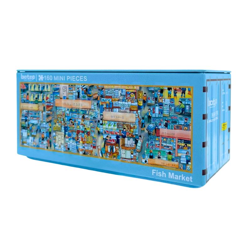 Botop 160 mini piece puzzle in a blue metal container featuring a colourful fish market scene.