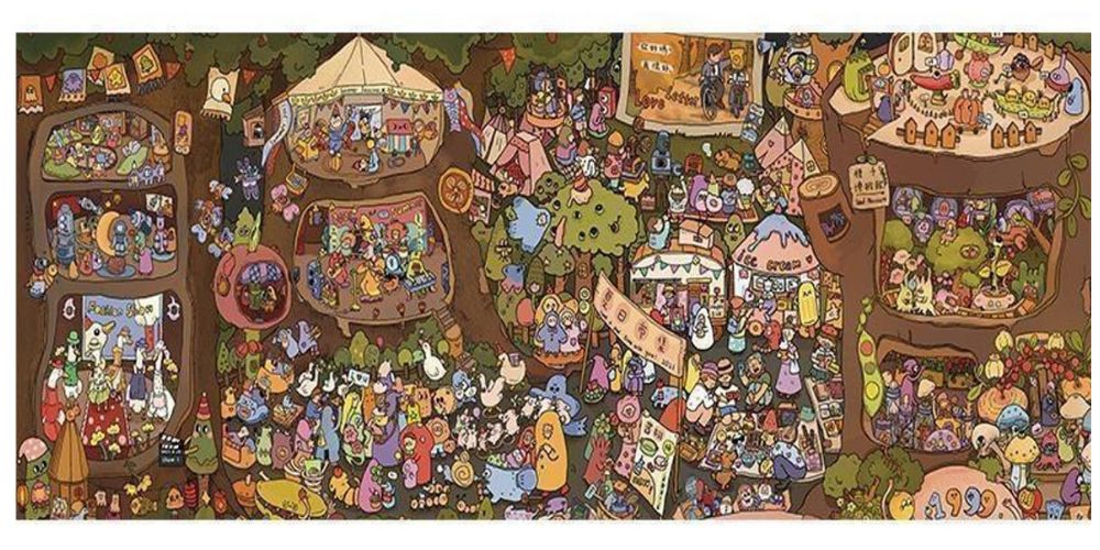 Colourful cartoon-style forest feast with animals gathered around treehouse markets and food stalls