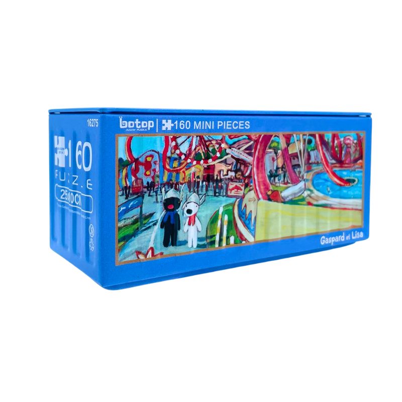 Botop mini puzzle in blue box with Gaspard and Lisa in a colorful amusement park scene.