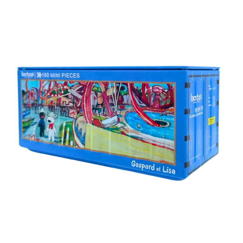 Botop mini puzzle in blue box with Gaspard and Lisa in a colorful amusement park scene.