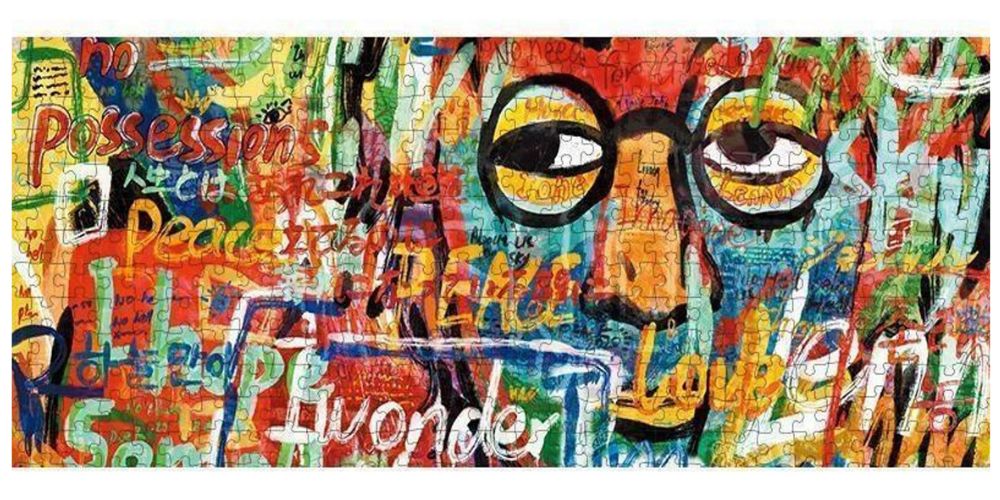Colorful graffiti wall mini puzzle with words and abstract face design.