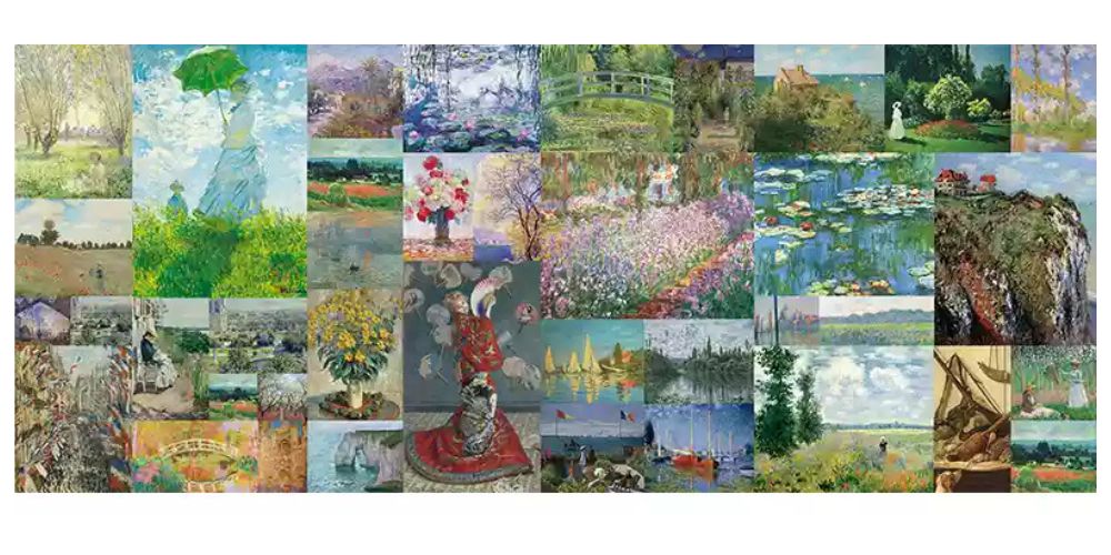 Collage of 38 Monet paintings including water lilies, gardens, and countryside scenes in impressionist style.