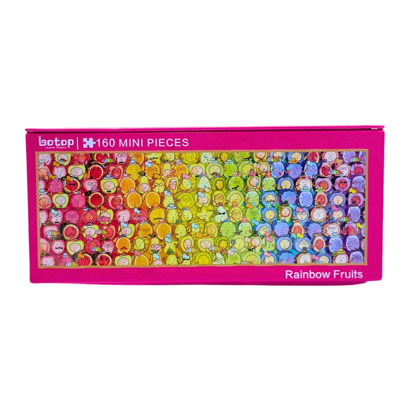 Botop mini puzzle in pink metal box with rainbow fruit characters on label.