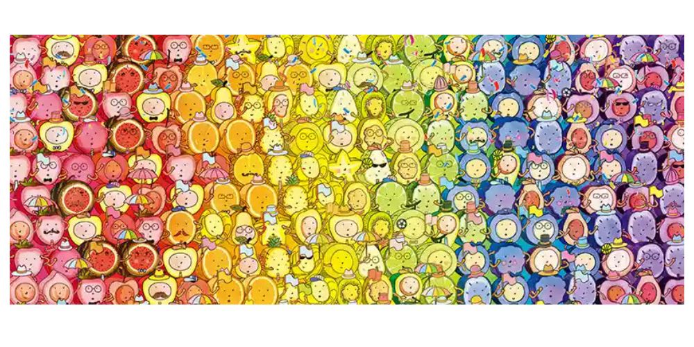 Colorful mini puzzle with cute fruit faces in a rainbow gradient layout.