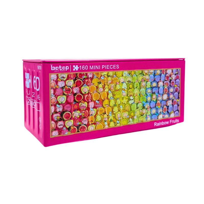 Botop mini puzzle in pink metal box with rainbow fruit characters on label.