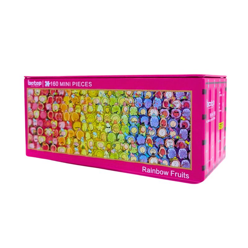 Botop mini puzzle in pink metal box with rainbow fruit characters on label.