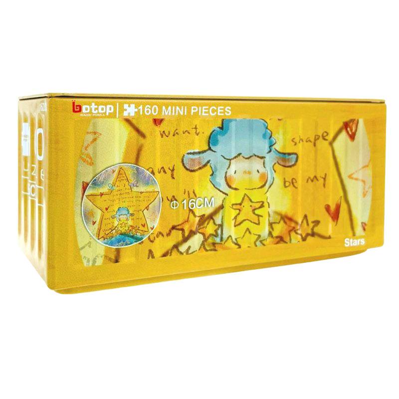 Botop mini puzzle in yellow metal container featuring a blue sheep holding a star on an orange background