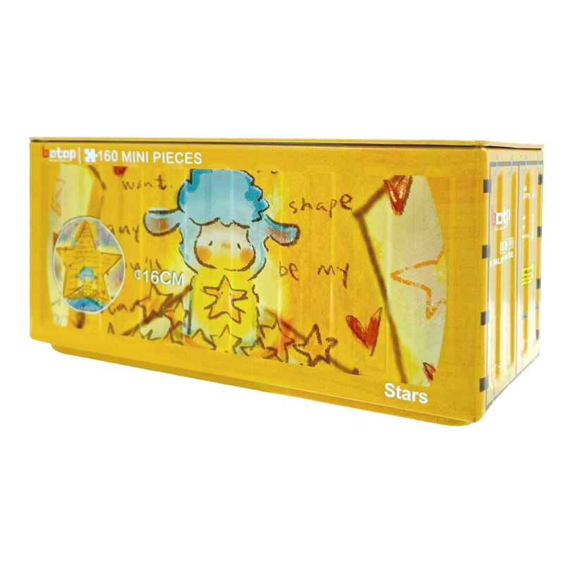 Botop mini puzzle in yellow metal container featuring a blue sheep holding a star on an orange background