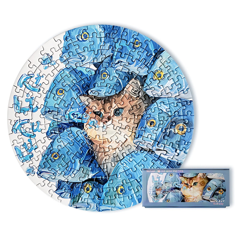Completed round Subway puzzle with 160 mini pieces featuring a cat hidden among blue fish, with puzzle box shown.