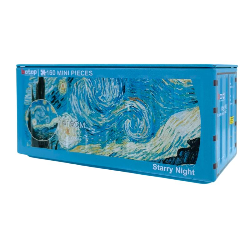 Botop mini puzzle tin showing Van Gogh’s Starry Night artwork on a blue metal container