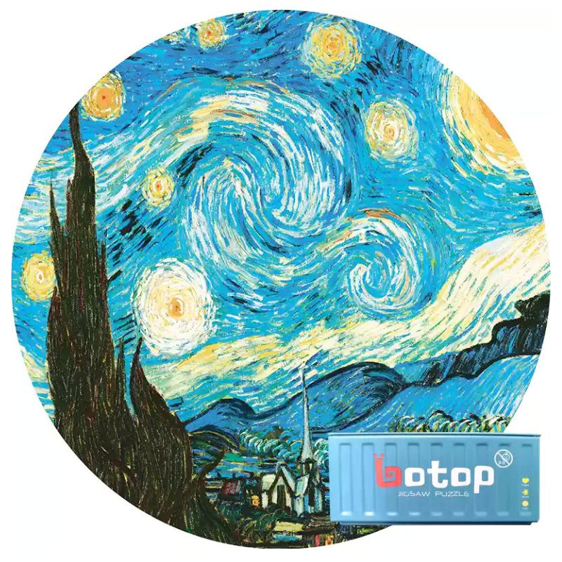 Circular puzzle of Van Gogh’s Starry Night with swirling stars and village, shown with blue tin container