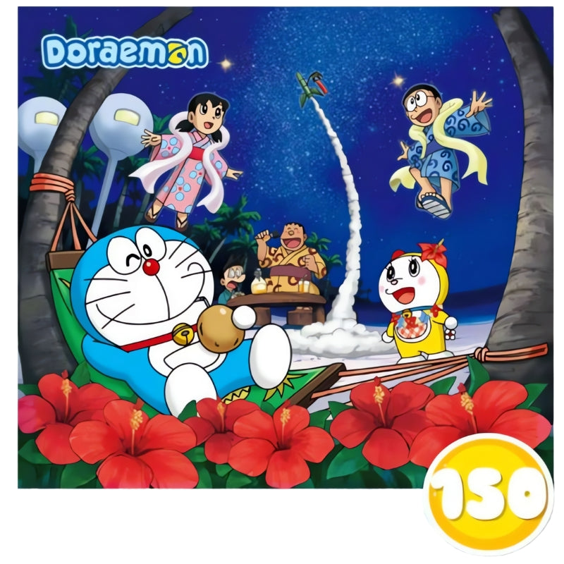 Doraemon relaxing on a tropical beach with friends, rocket launch in background, 150 piece puzzle
