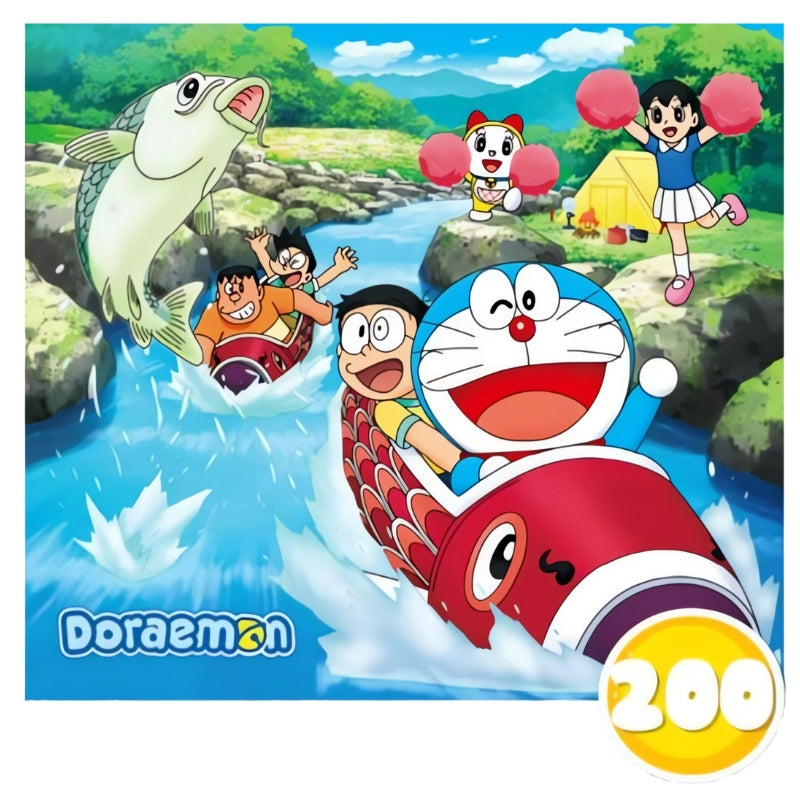 Doraemon and friends rafting on a river in a fun cartoon scene