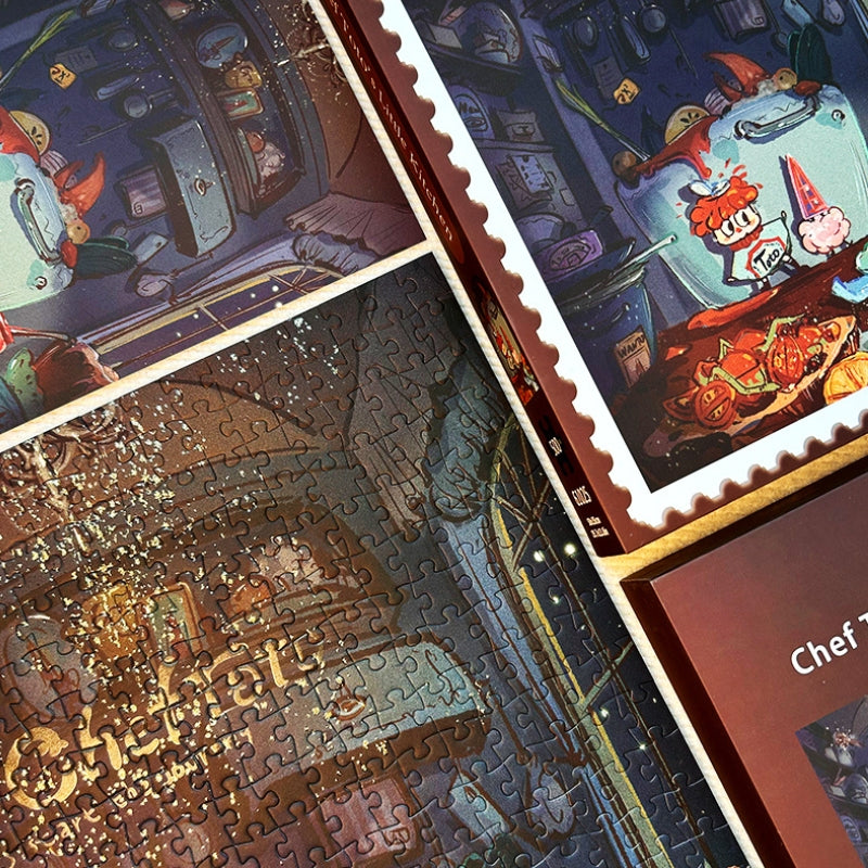 Flat lay of Chef Toto puzzle with box and pieces, showing golden sparkle and rich nighttime colors