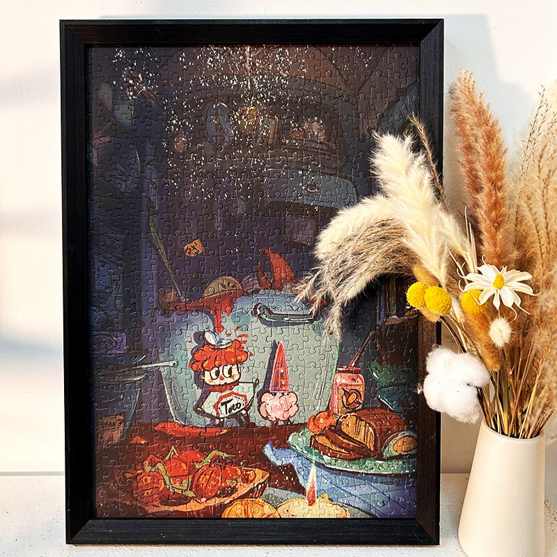 Framed Chef Toto puzzle showing a magical kitchen scene with glowing sparkles, next to a vase of dried flowers