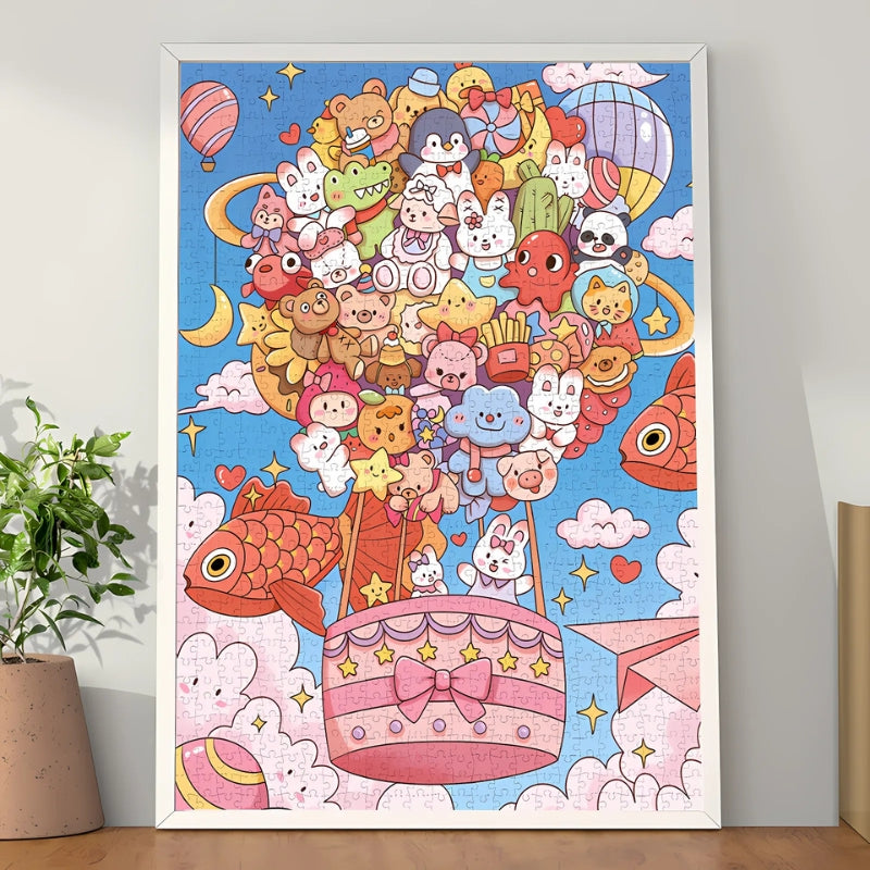 Completed Doll Balloon puzzle in a frame, displaying cute animals and pastel balloons in vibrant detail.