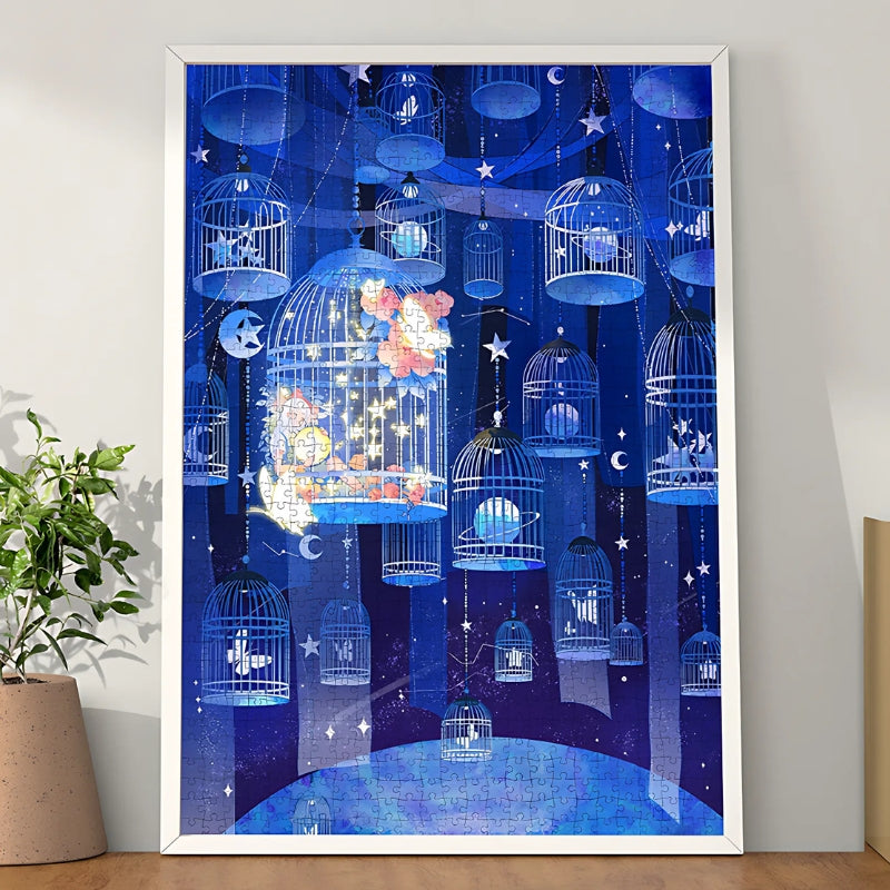 Framed Dreaming in Cages 1000-piece puzzle showing a dreamy, starry night scene