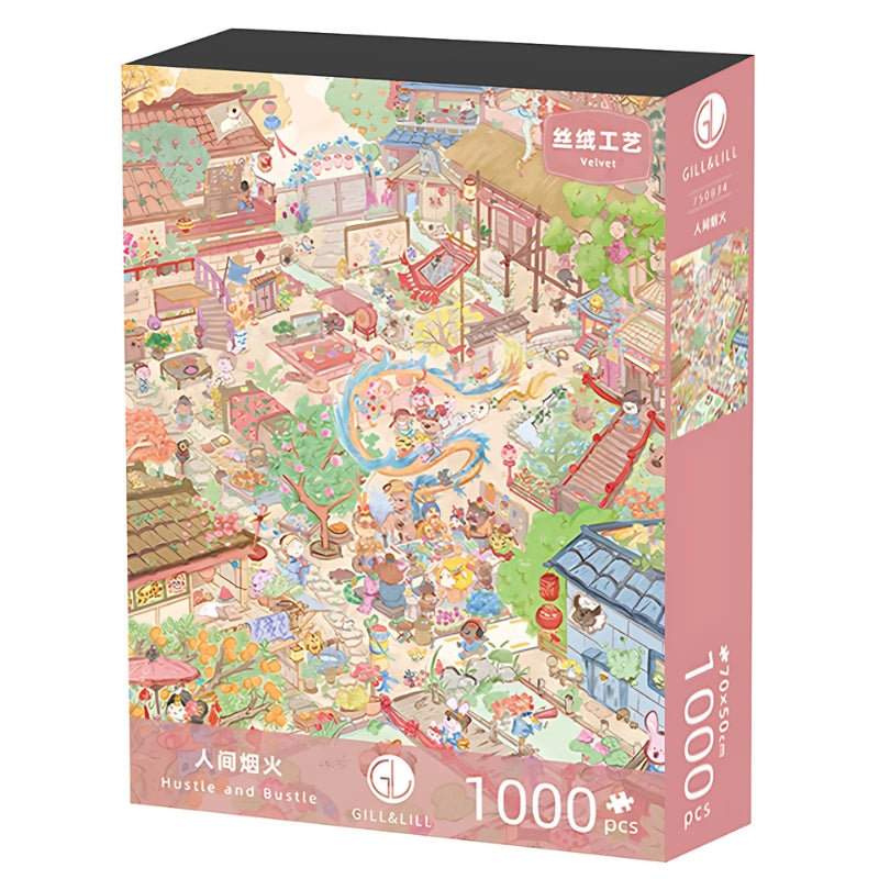Box packaging of the 1000 piece “Hustle and Bustle” puzzle by Gill & Lill