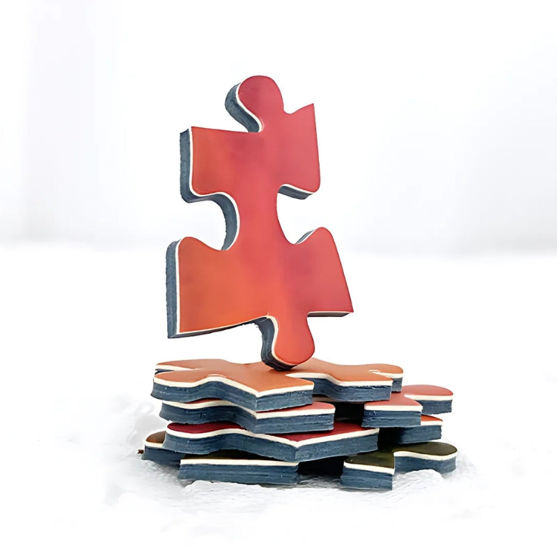 Close-up of a single jigsaw piece from the Gill & Lill “Hustle and Bustle” puzzle showing velvet texture