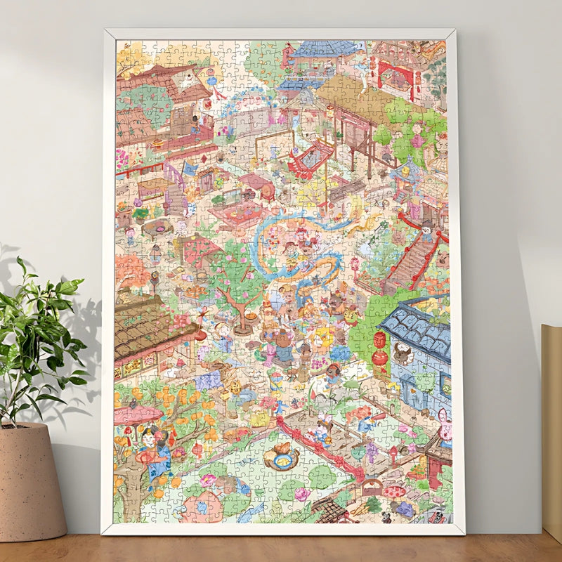 Framed display of the completed “Hustle and Bustle” puzzle on a tabletop Let me know if you'd like to add texture highlights