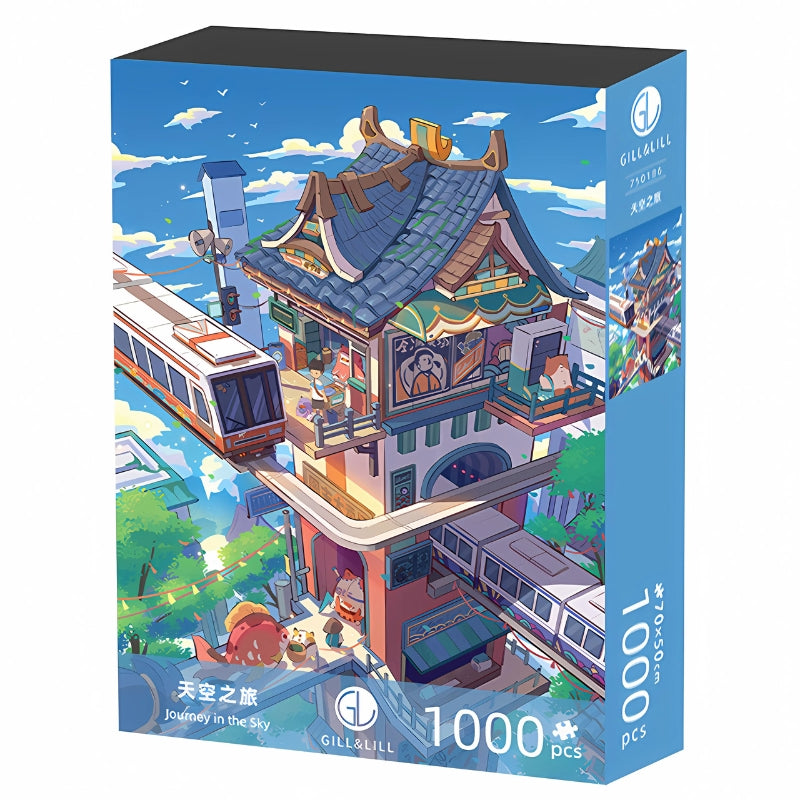 Puzzle box for Journey in the Sky by Gill & Lill, featuring a colourful town and monorail design.