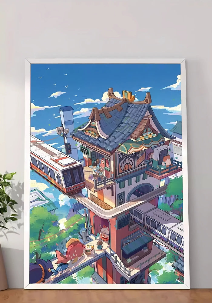 Framed completed puzzle of Journey in the Sky displayed on a wooden surface.