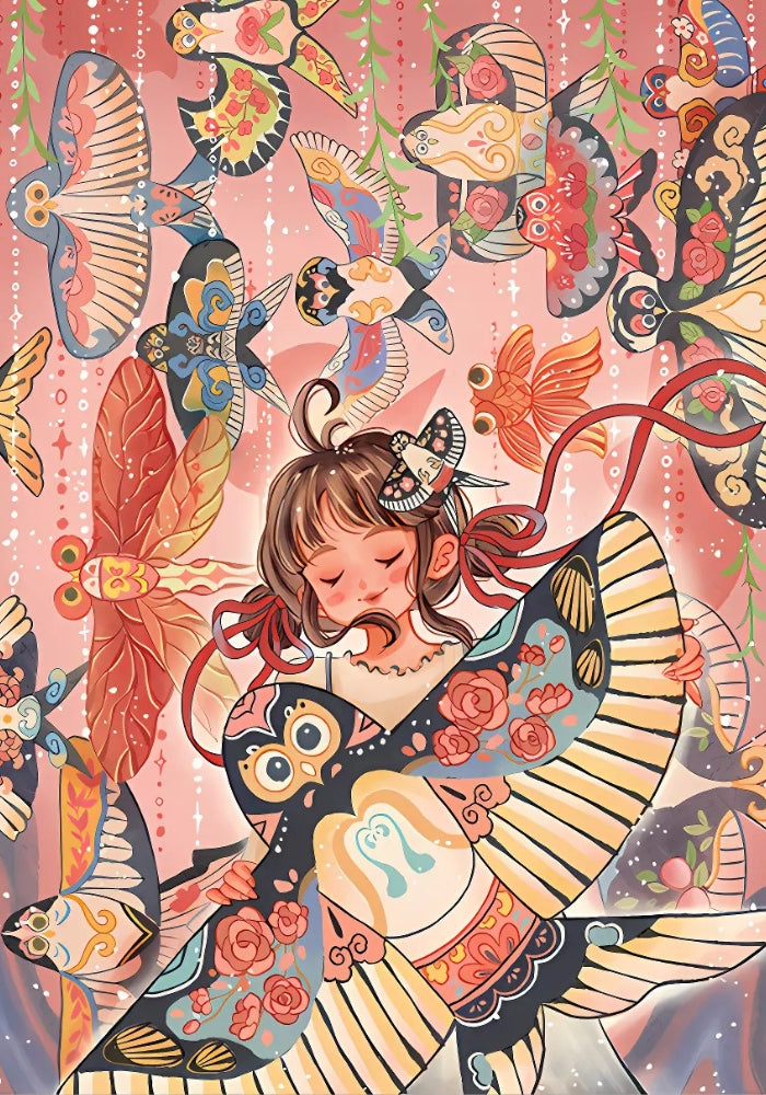 Full artwork of the "Kites" puzzle featuring a dreamy girl and colourful patterned kites.