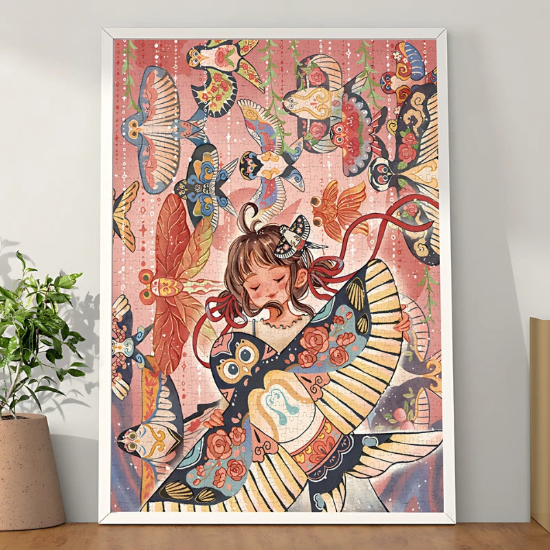 Completed Gill & Lill "Kites" puzzle framed and displayed, showing intricate artwork.