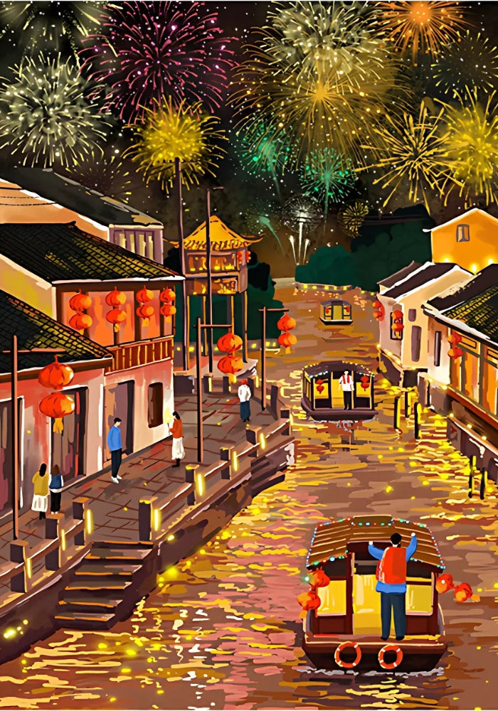 Detailed puzzle artwork showing night festival with colourful fireworks over a glowing canal in a water town.